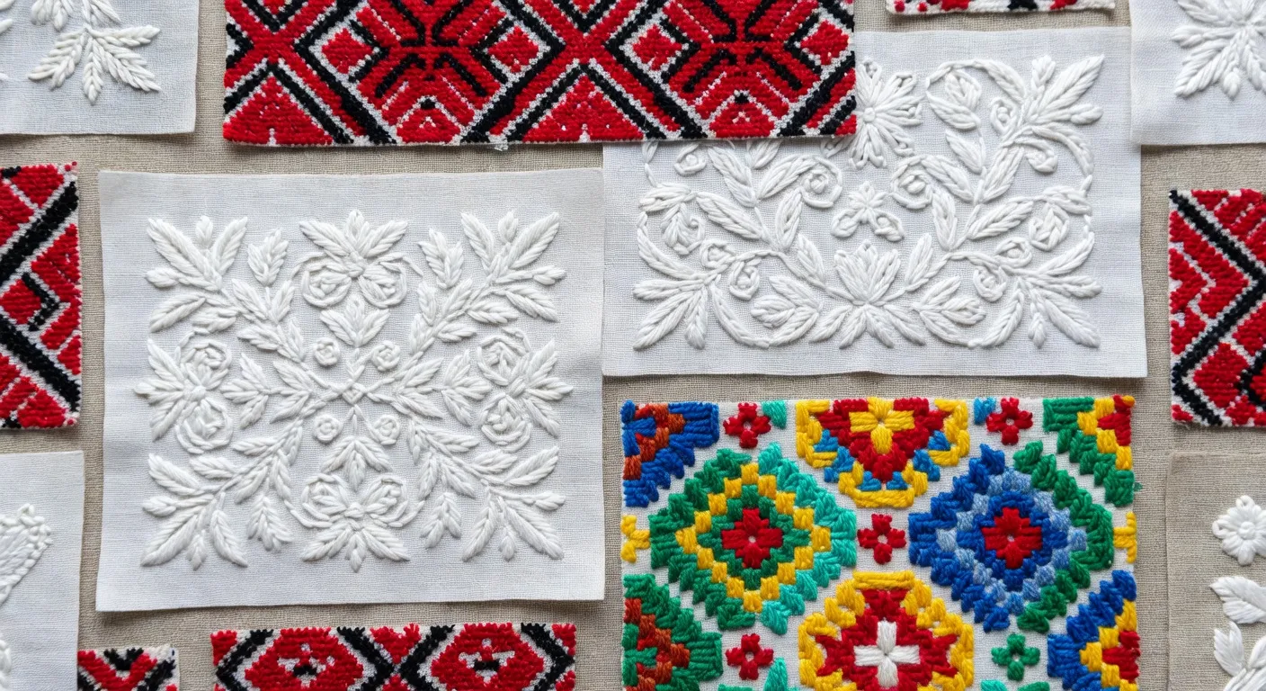 Flat lay of several Ukrainian embroidered fabric samples showing different regional patterns in red, black, and white threads