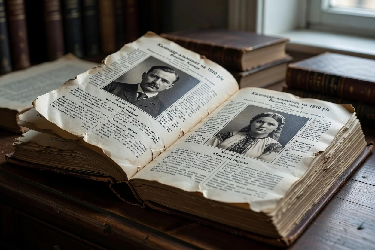Close-up of aged pages of a 1910s Winnipeg Ukrainian calendar-almanac with portrait photographs and dense text