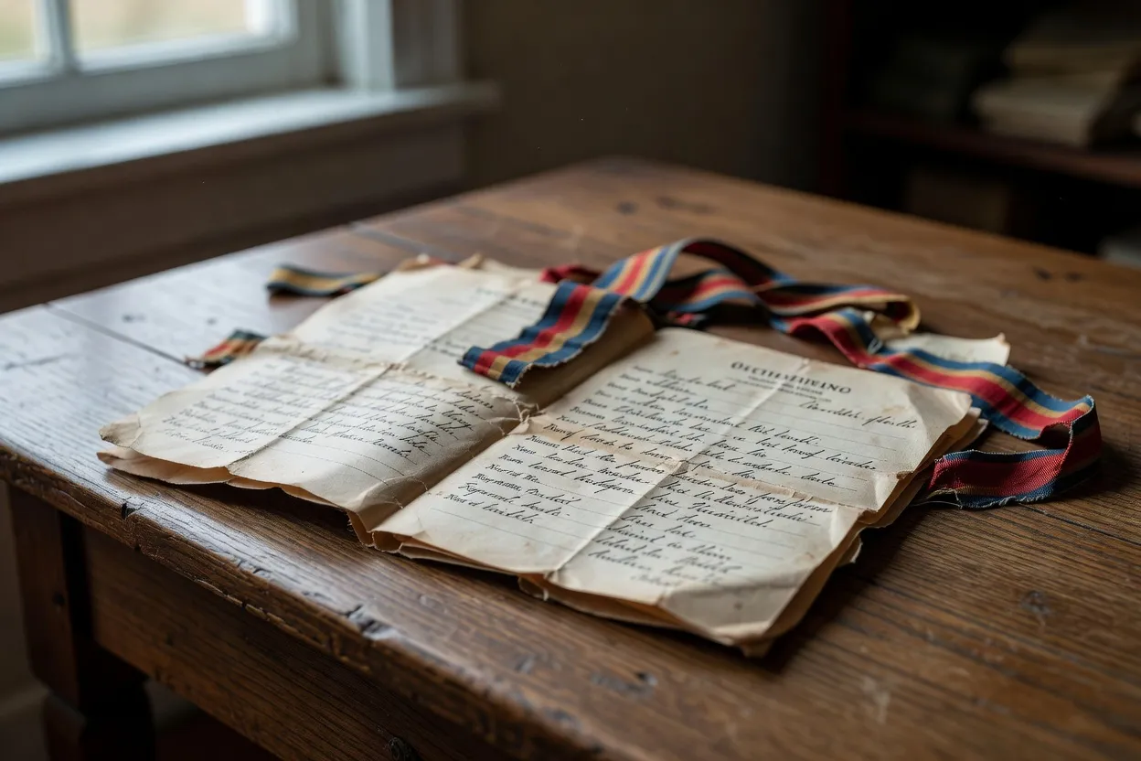 Historical Canadian Second World War service record documents arranged on an archival table