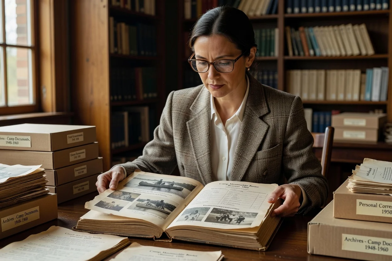 Researcher examining a 1950s camp scrapbook with photographs and membership lists at an archive reading room