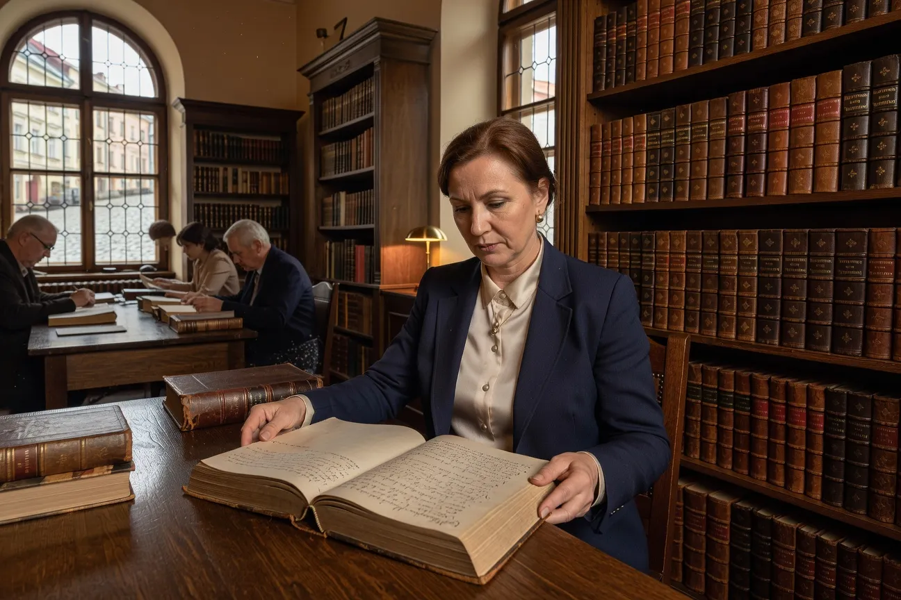Editorial portrait of Dr. Oksana Petrenko, genealogy researcher, in a Chernivtsi archive reading room holding an old metrical book from the Austrian Bukovyna period