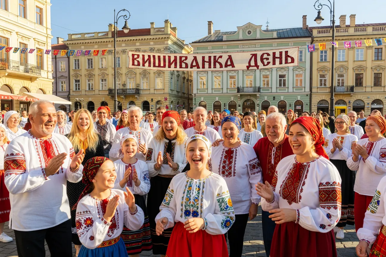 Ukrainians of all ages wearing vyshyvanka embroidered shirts on Vyshyvanka Day 2026, celebrating Ukraine's national embroidery tradition