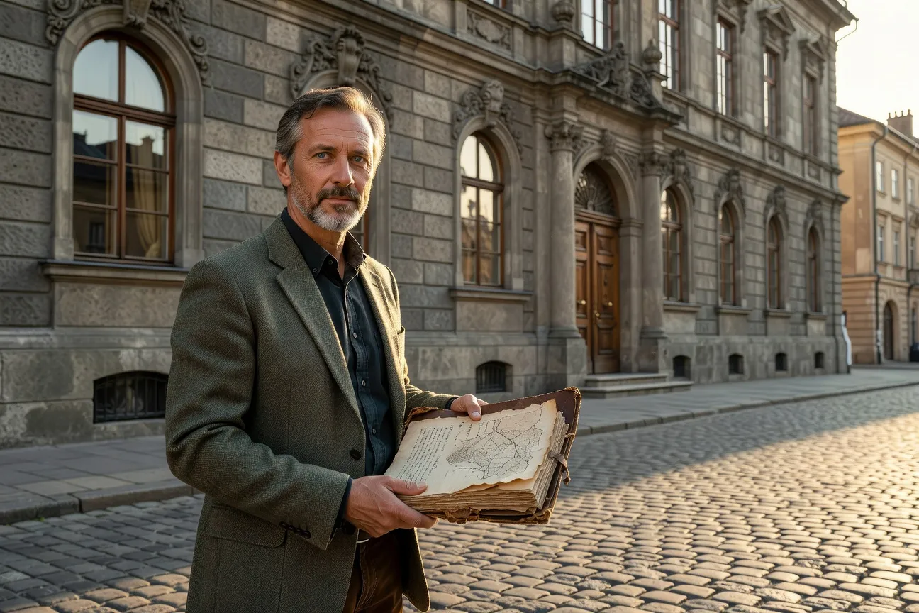 Editorial portrait of Vasyl Marchenko, cultural heritage tour specialist, standing outside the Lviv State Historical Archives building in Ukraine