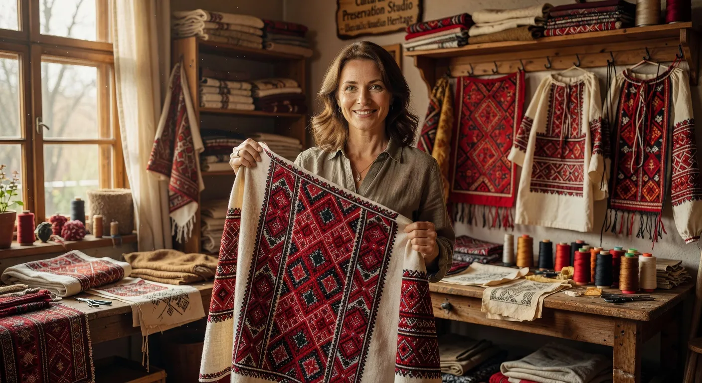Lesia Moroz, Ukrainian textile artist and cultural preservationist, holds a traditional vyshyvanka embroidery sample