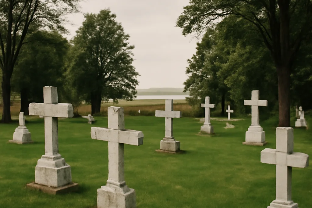Small peaceful rural cemetery on Prince Edward Island with Orthodox-style cross headstones