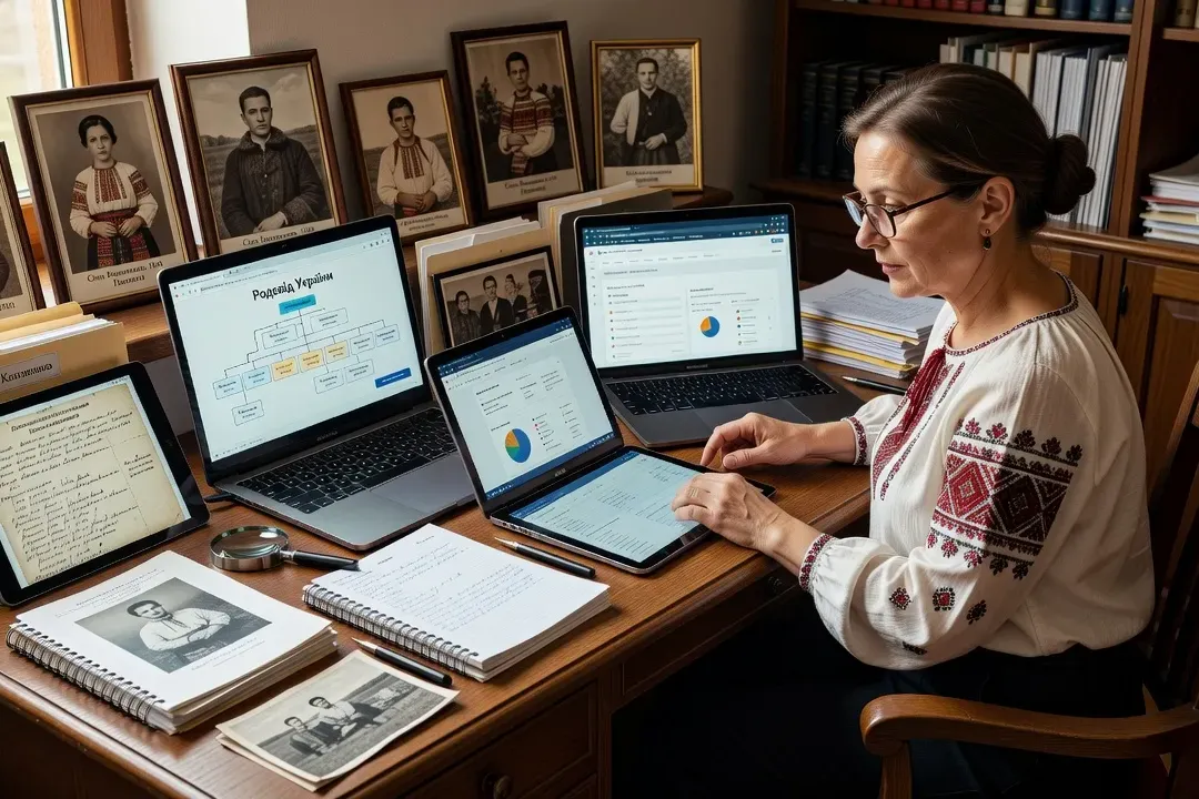 Ukrainian genealogist using multiple laptops showing genealogy websites and databases