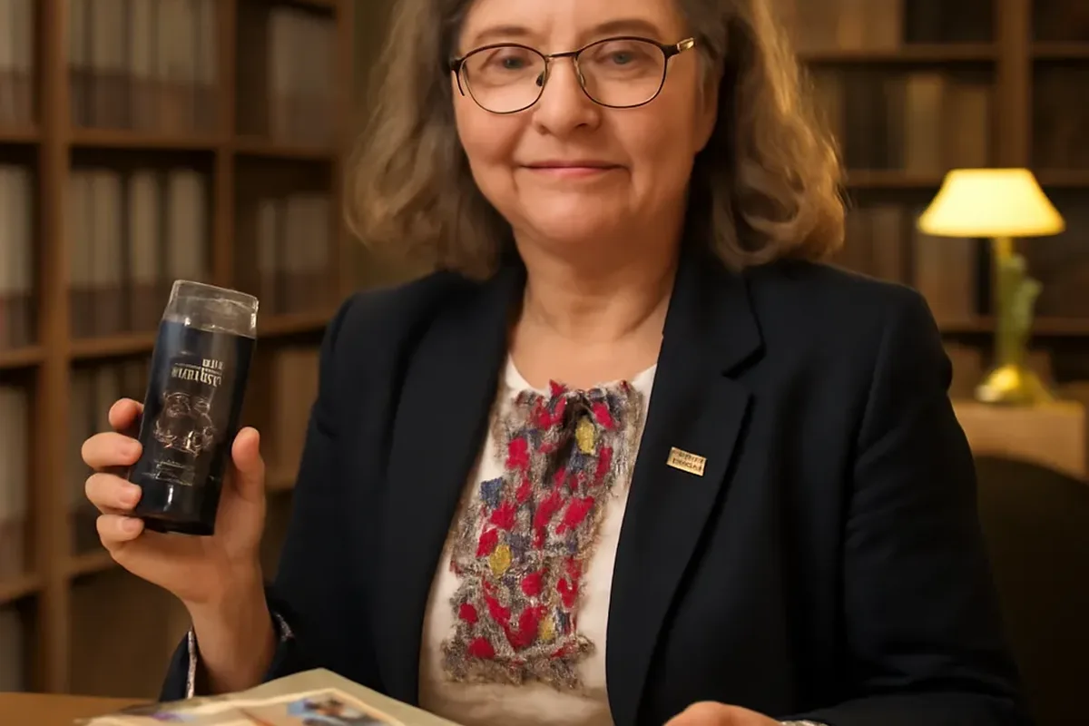Editorial portrait of Iryna Baran, oral history archivist, in an archive reading room