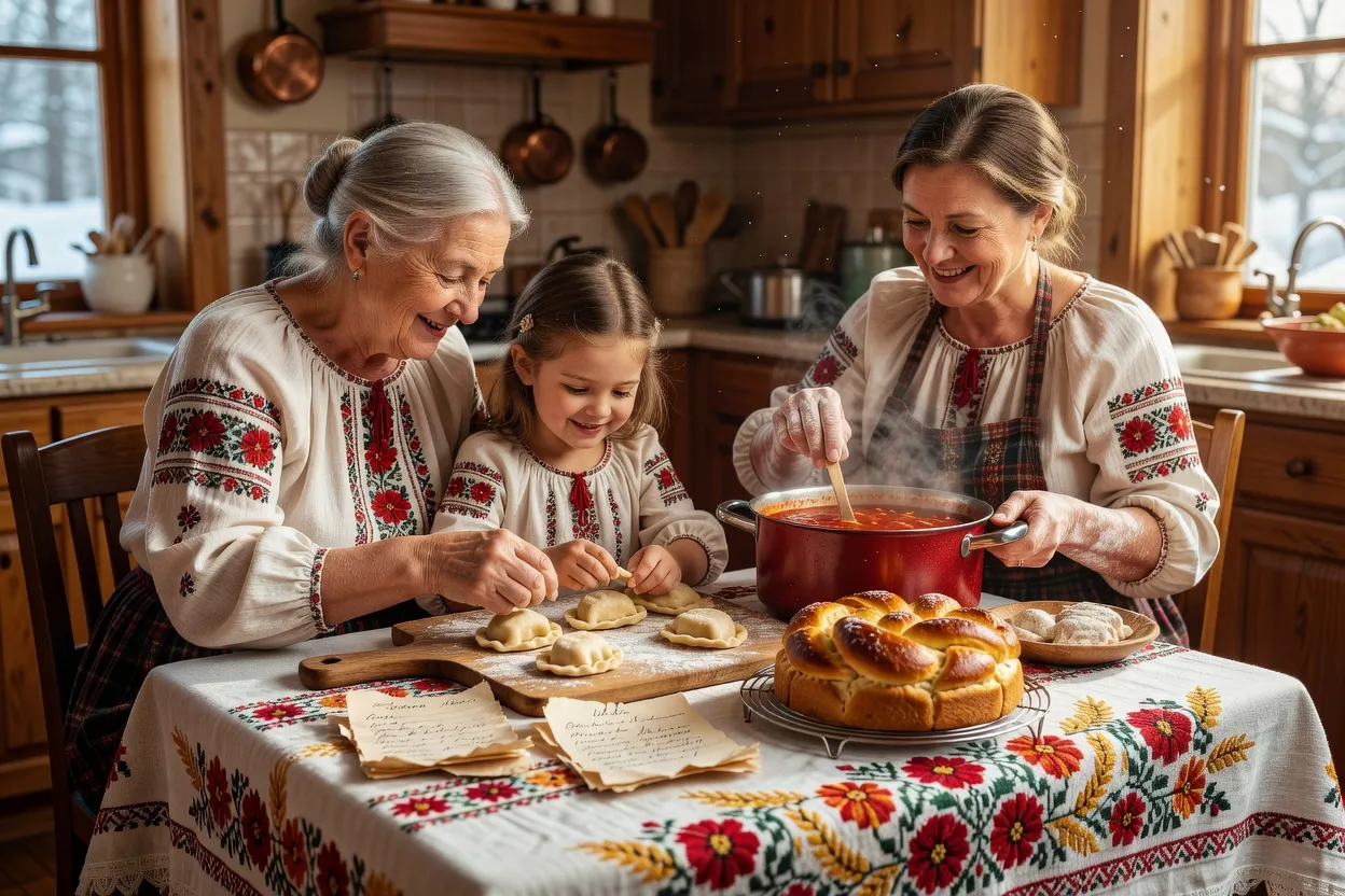 Three generations of a Ukrainian-Canadian family preparing traditional dishes together