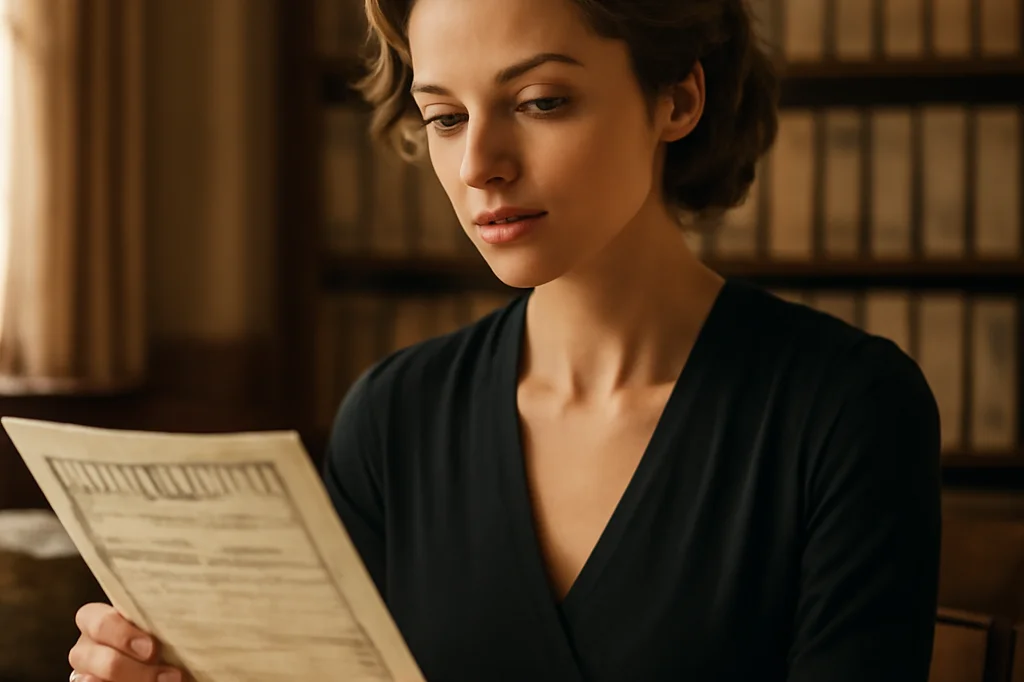 Researcher reviewing an official early 20th century citizenship certificate document in an archive room