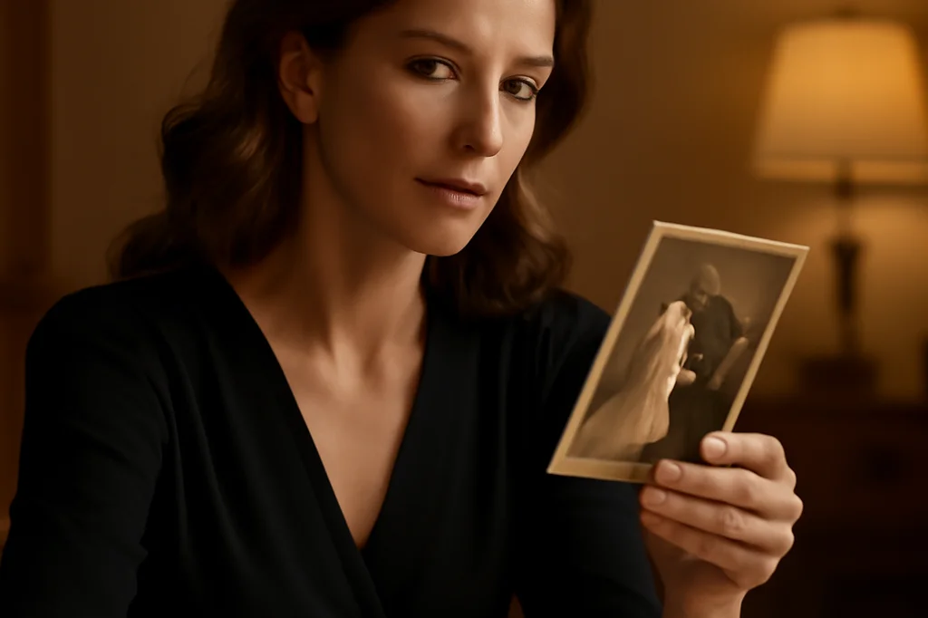 Woman looking thoughtfully at an old sepia-toned family wedding photograph