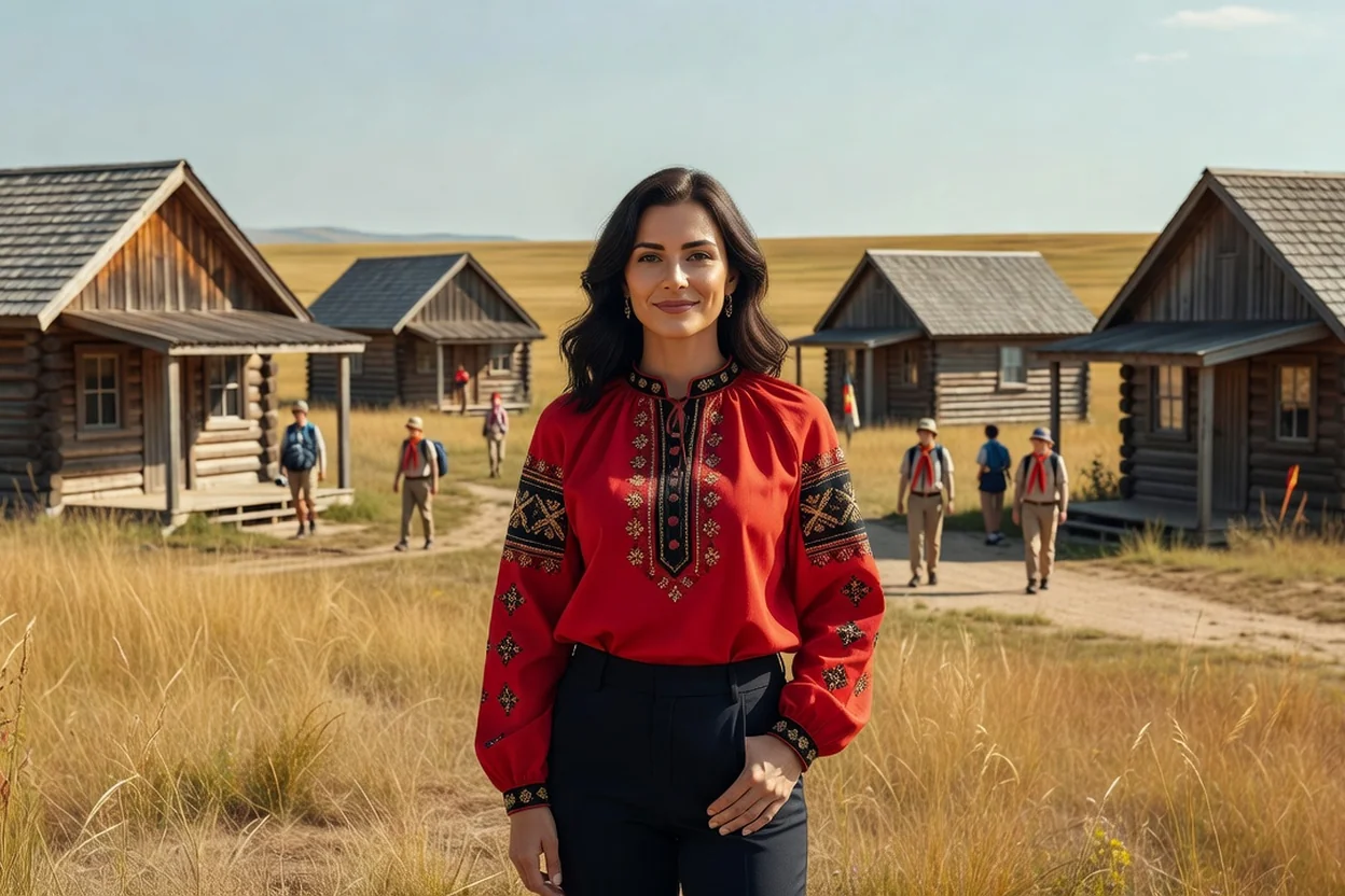 Ukrainian-Canadian woman in an embroidered vyshyvanka blouse standing before wooden summer camp cabins