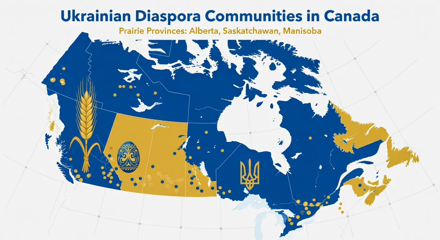 Map of Ukrainian diaspora communities across Canada, from the Prairie provinces to Prince Edward Island