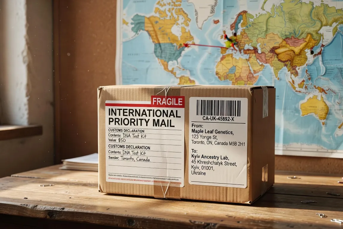 DNA test kit box being shipped internationally with customs labels and a world map showing Canada and Ukraine