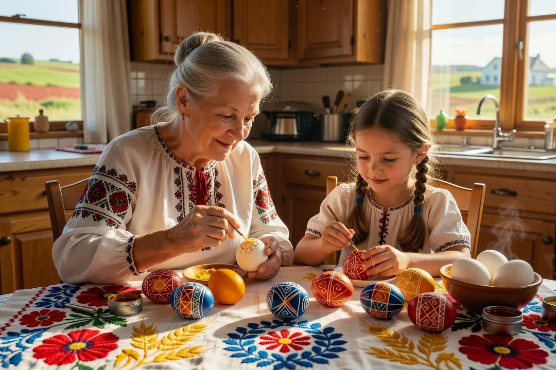 Ukrainian woman and granddaughter decorating pysanka Easter eggs together in PEI kitchen