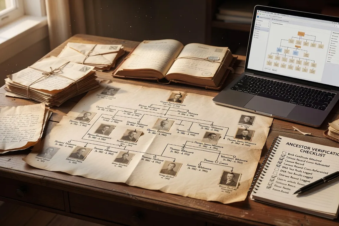 Genealogy researcher's desk with a family tree chart, old documents, a laptop, and a checklist notepad