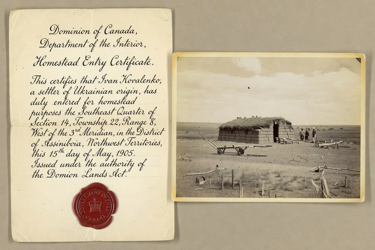 Original Dominion Lands homestead patent document for a Ukrainian settler in Manitoba, circa 1900, with handwritten details and official government seal
