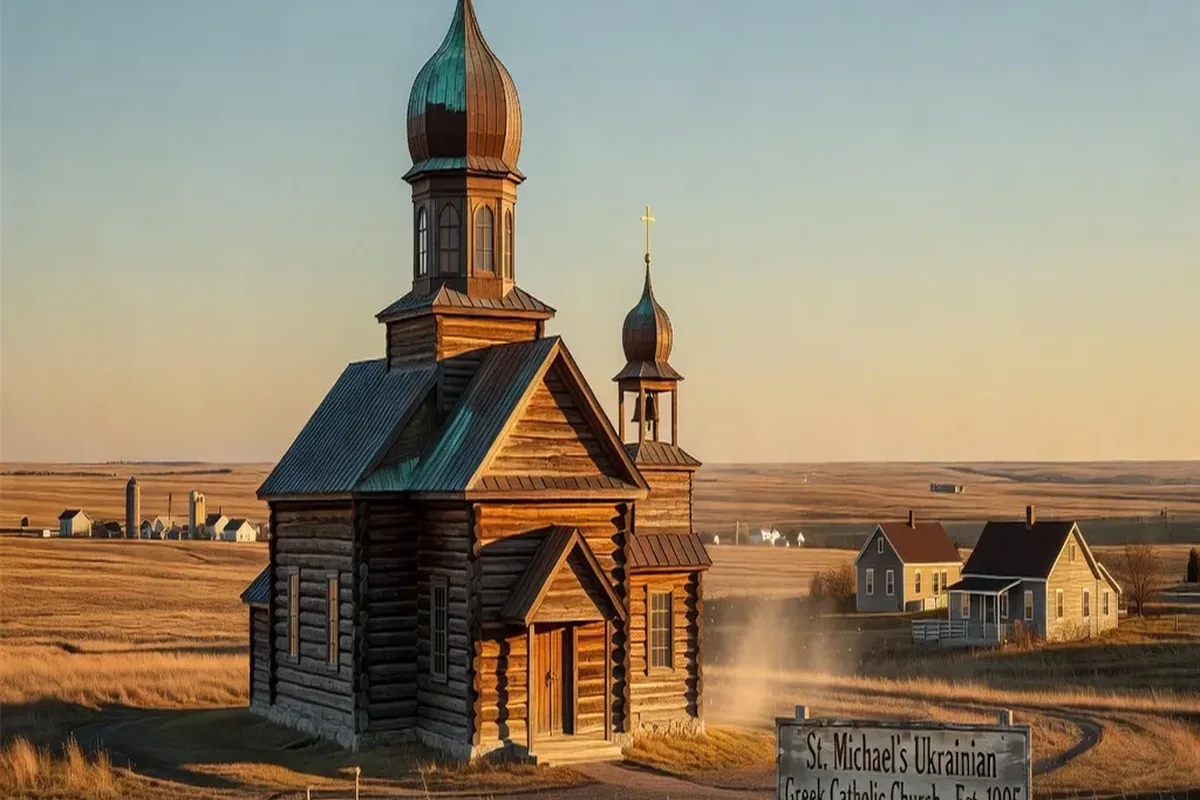 Historic Ukrainian Greek Catholic church with onion dome in a Canadian prairie town at golden hour