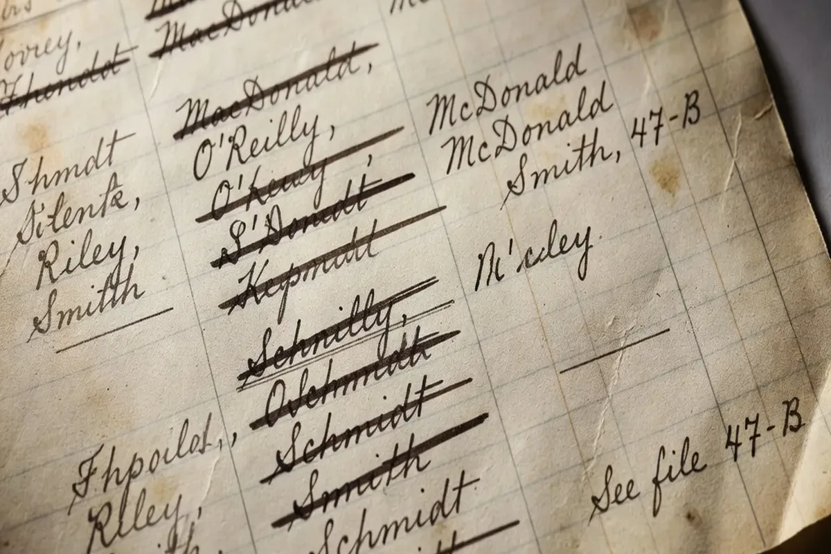 Vintage Canadian immigration ledger page with handwritten surnames crossed out and rewritten with different spellings