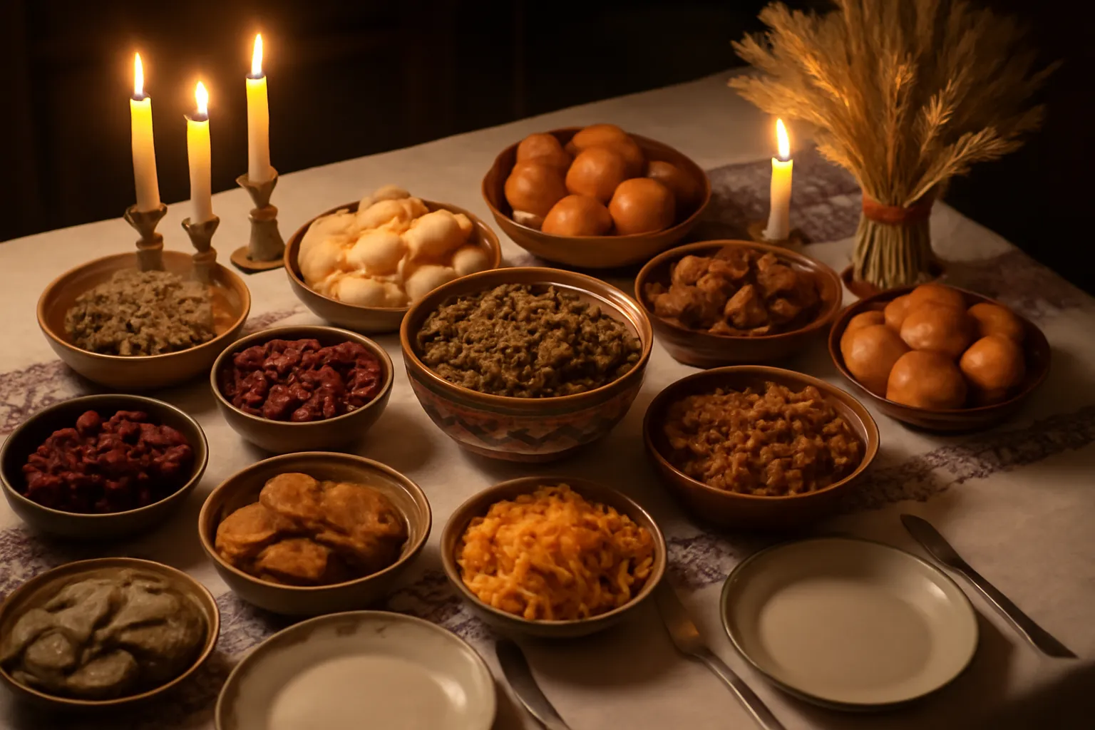 Traditional Ukrainian Christmas Eve table with twelve dishes and diduh wheat sheaf