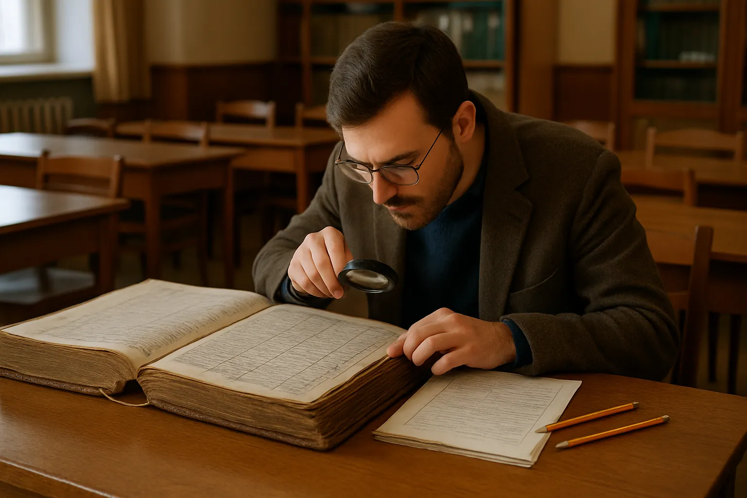 Researcher examining old church record books in a Ukrainian state archive