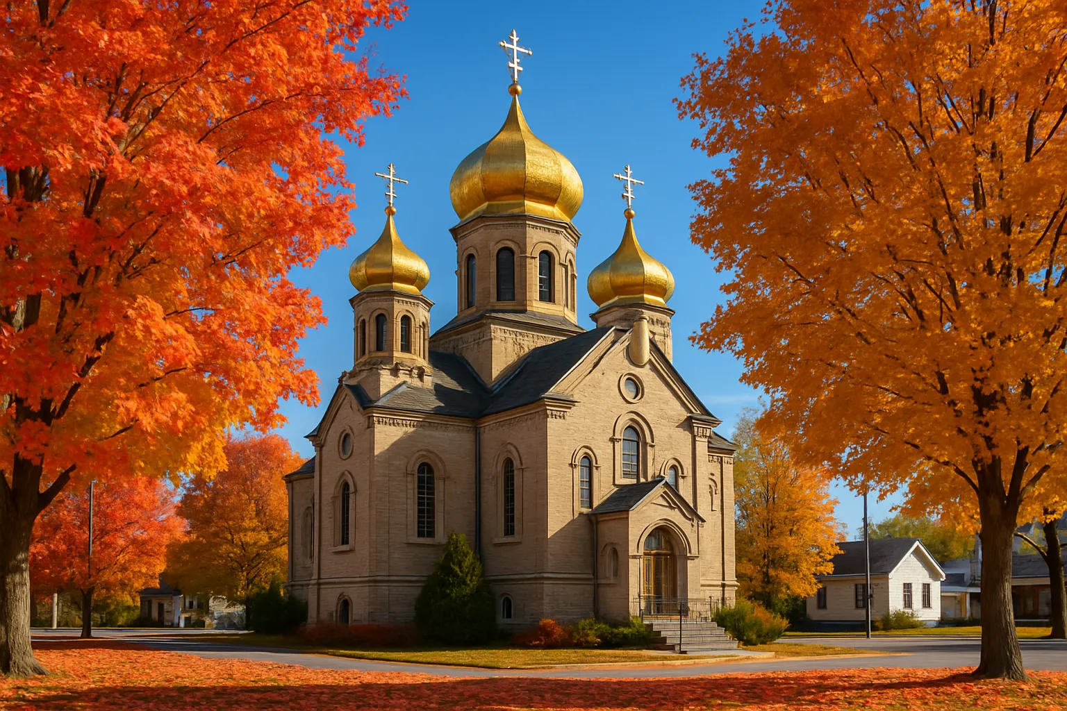 Ukrainian Orthodox church with golden onion domes surrounded by autumn maple trees in Canada