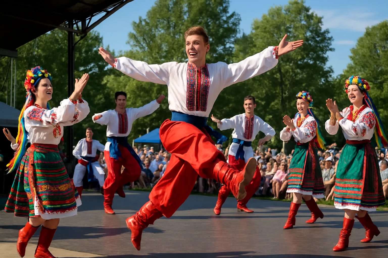 Vibrant Ukrainian folk dance performance at a Canadian festival with dancers in traditional costumes