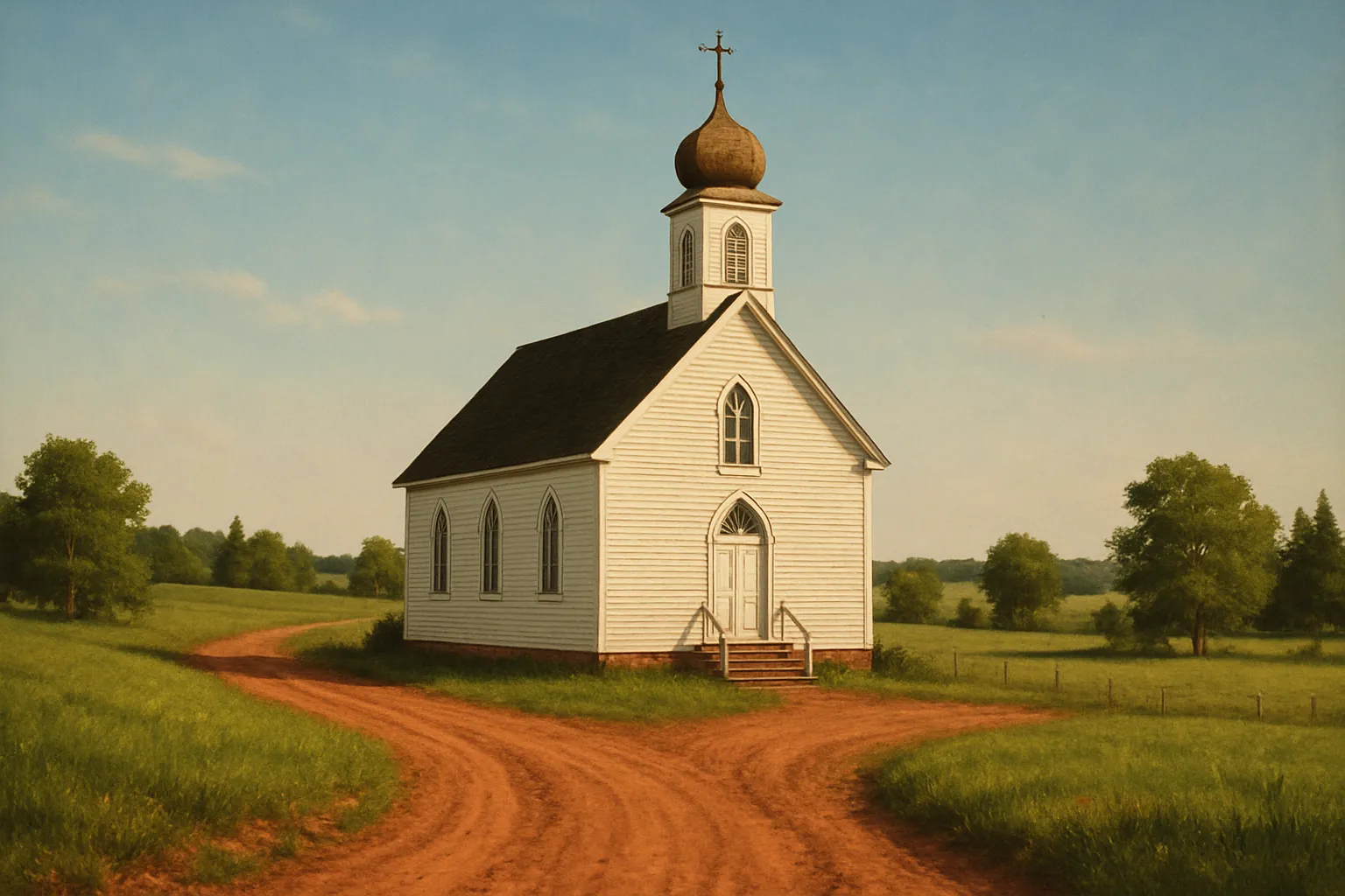 Historic country church with onion dome in rural Prince Edward Island