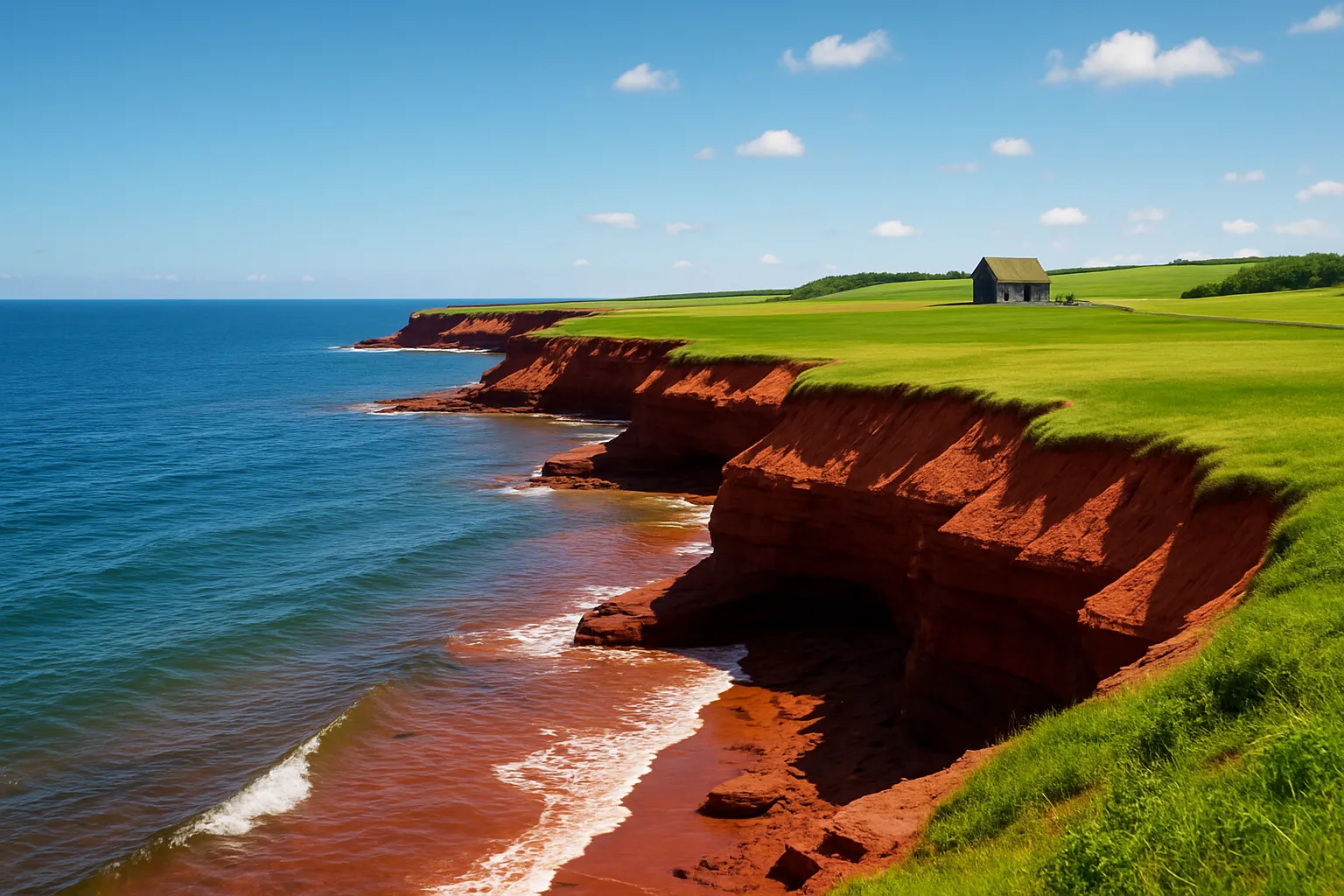 Scenic Prince Edward Island coastline with red cliffs and green farmland
